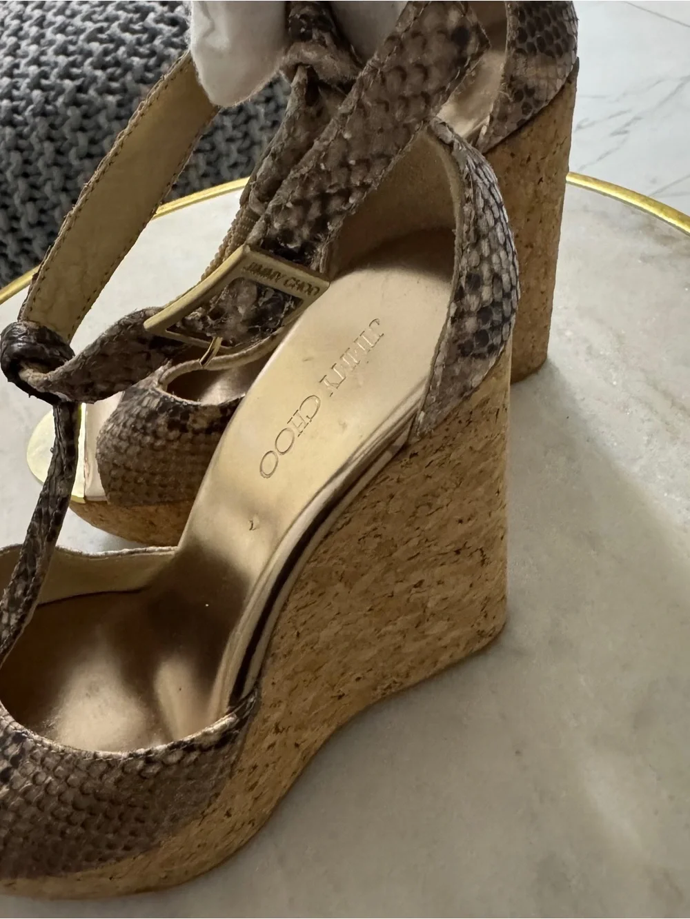 Jimmy Choo Taupe Snake-Print Cork Wedge Sandals